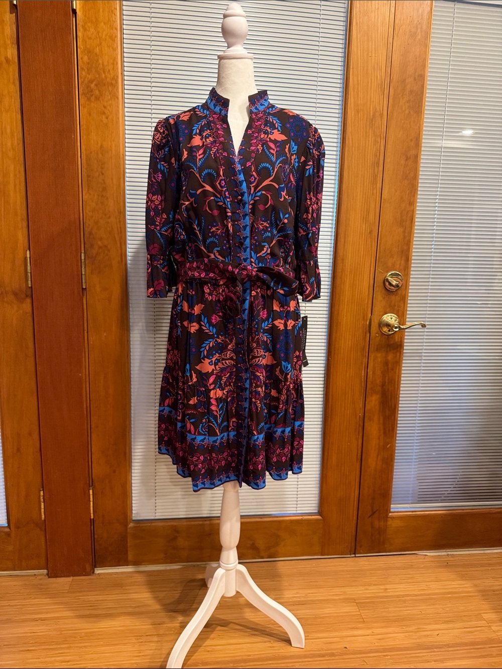 Adrianna Papell Brown Floral Mini Dress with Blue and Coral Accents